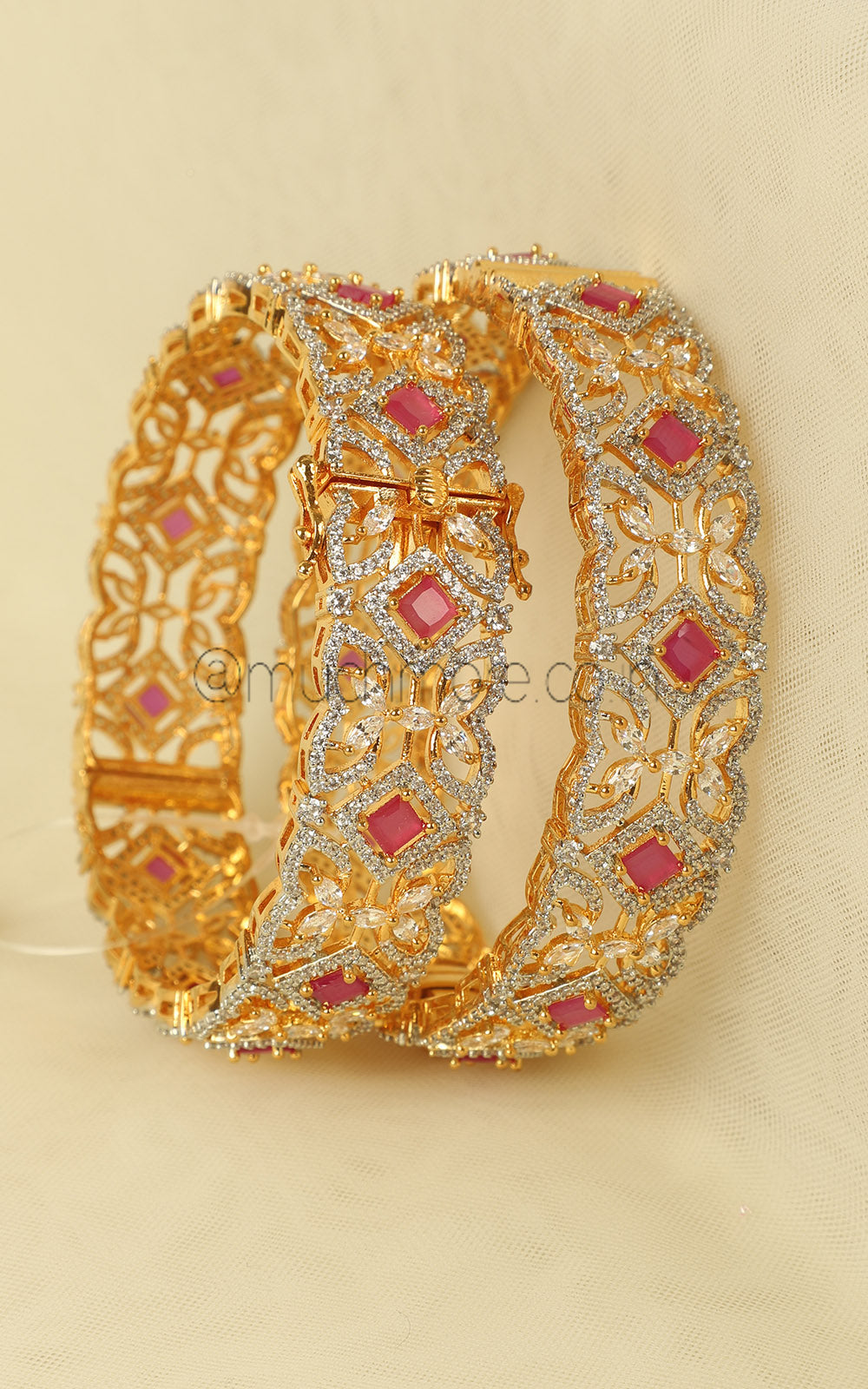 Designer Bridal Ruby Diamond Kada In Gold Polish