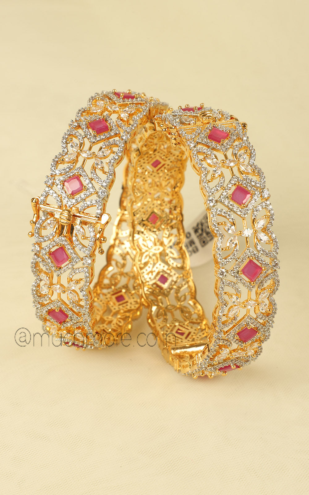 Designer Bridal Ruby Diamond Kada In Gold Polish