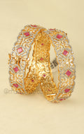 Designer Bridal Ruby Diamond Kada In Gold Polish