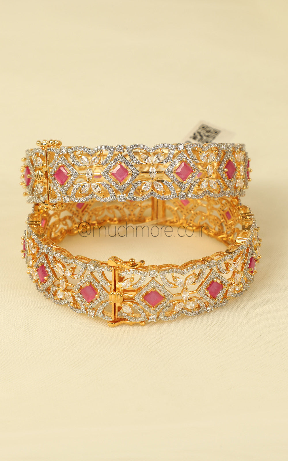 Designer Bridal Ruby Diamond Kada In Gold Polish