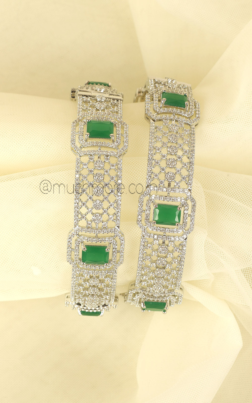 Rhodium Polish Emerald Green Diamond Women Bangles