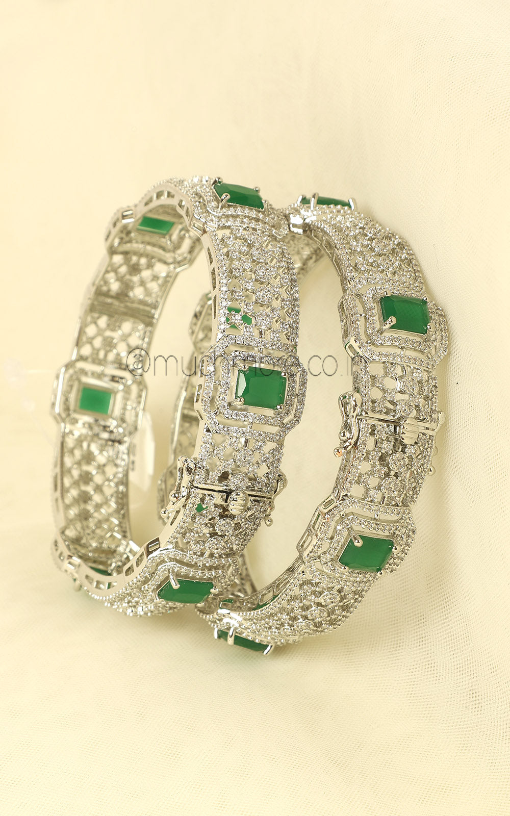 Rhodium Polish Emerald Green Diamond Women Bangles