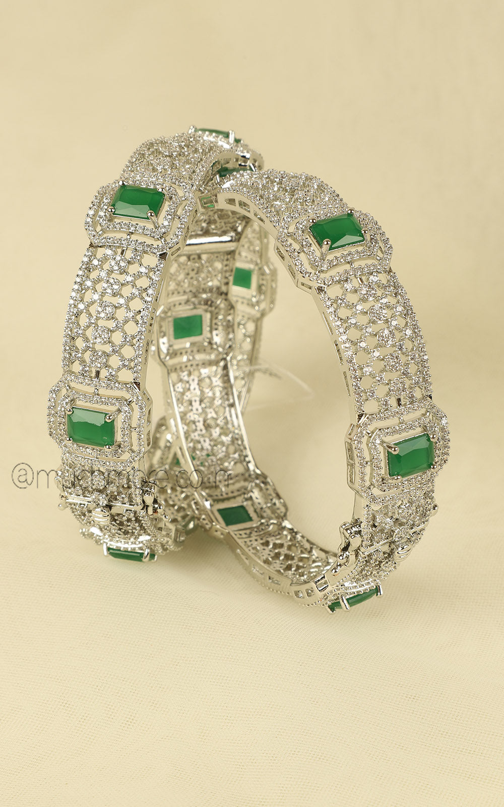 Rhodium Polish Emerald Green Diamond Women Bangles