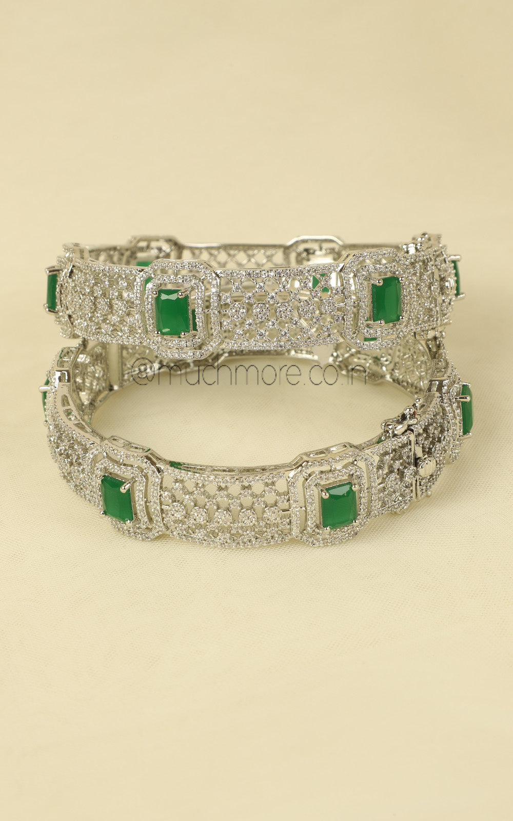 Rhodium Polish Emerald Green Diamond Women Bangles