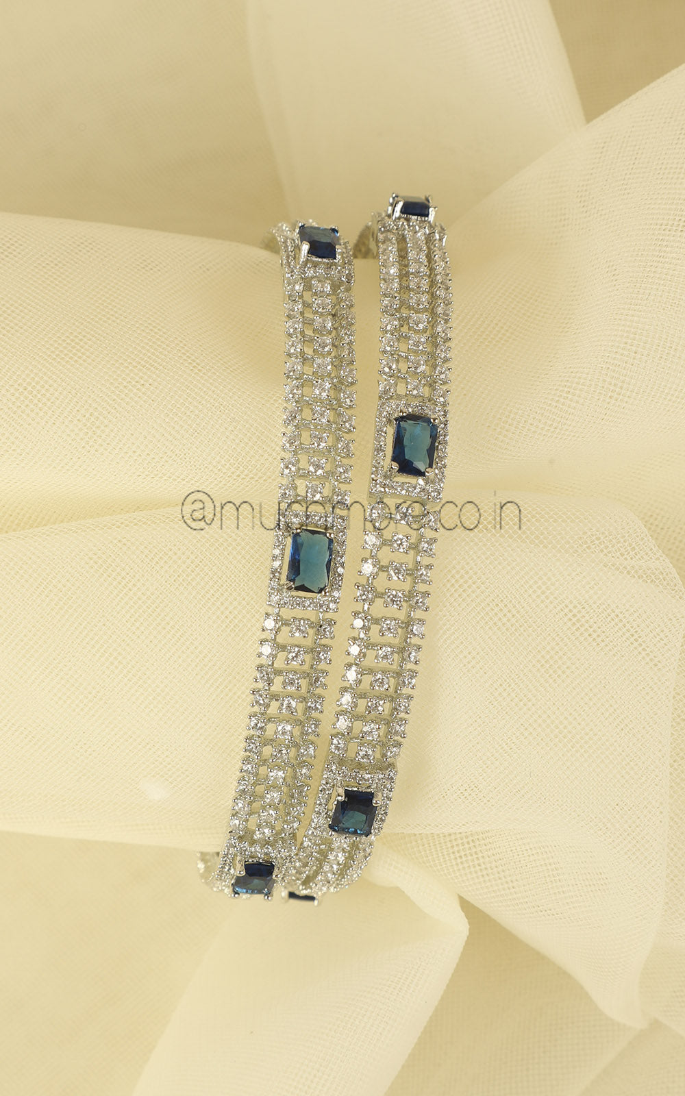 Minimalist Silver Polish Sapphire Blue Diamond Bangles
