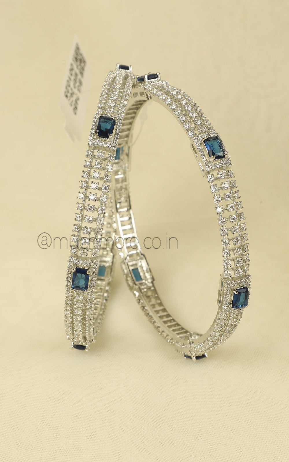 Minimalist Silver Polish Sapphire Blue Diamond Bangles