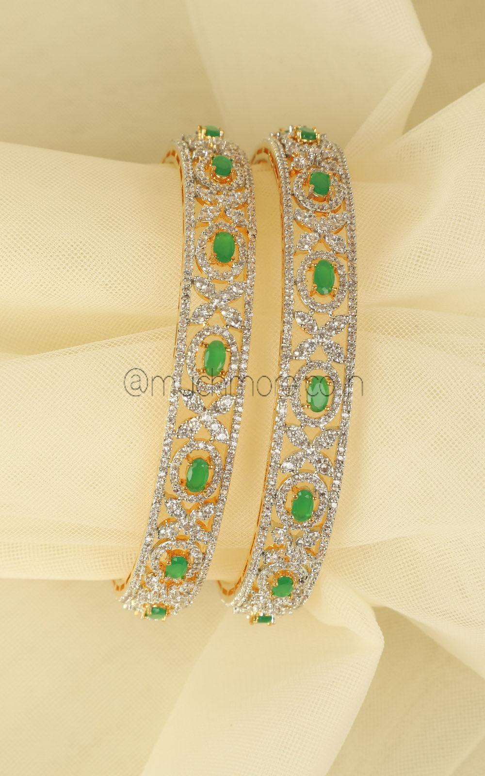 Gold Polish Emerald Green Bangles In AD For Office Going Women