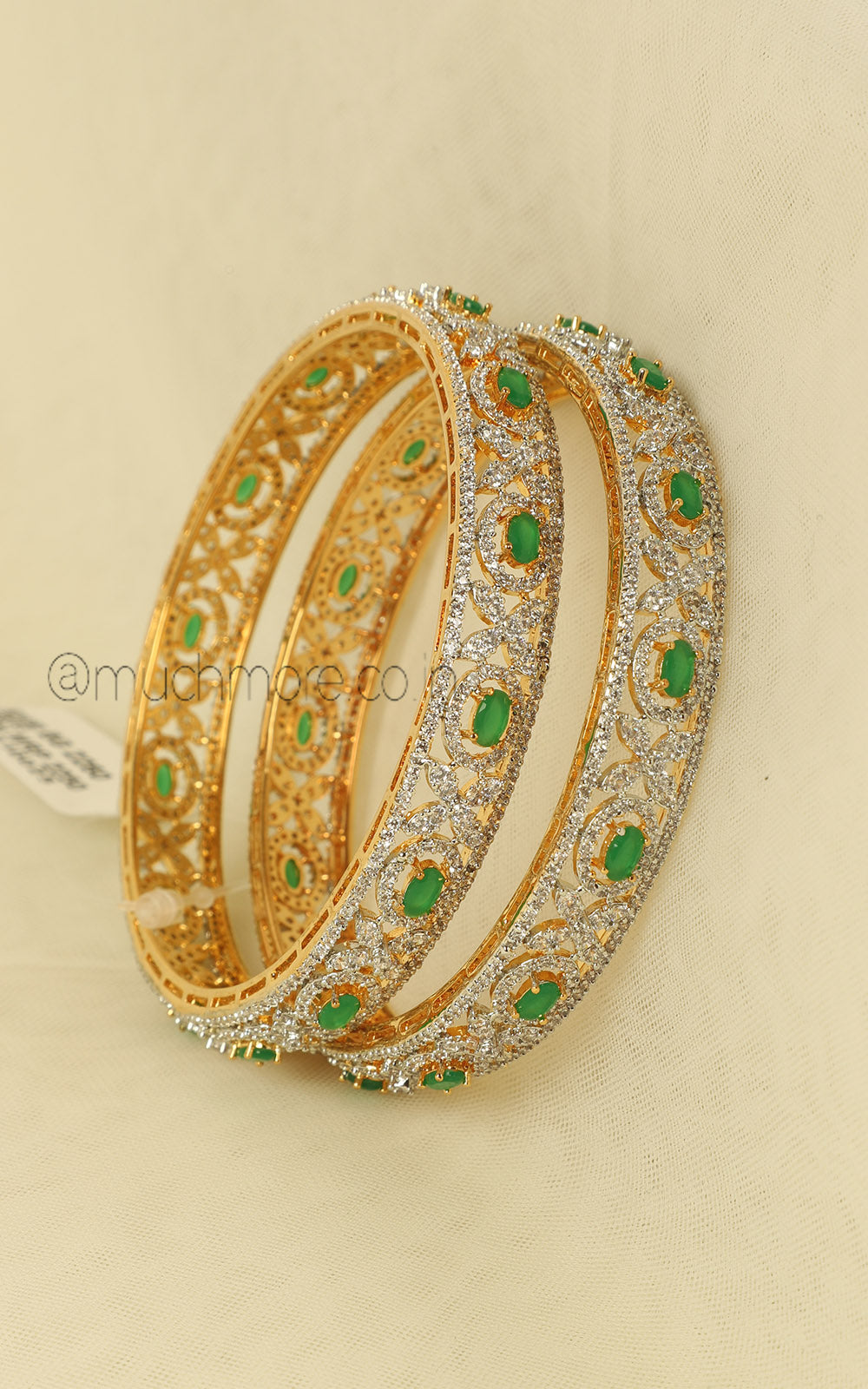 Gold Polish Emerald Green Bangles In AD For Office Going Women
