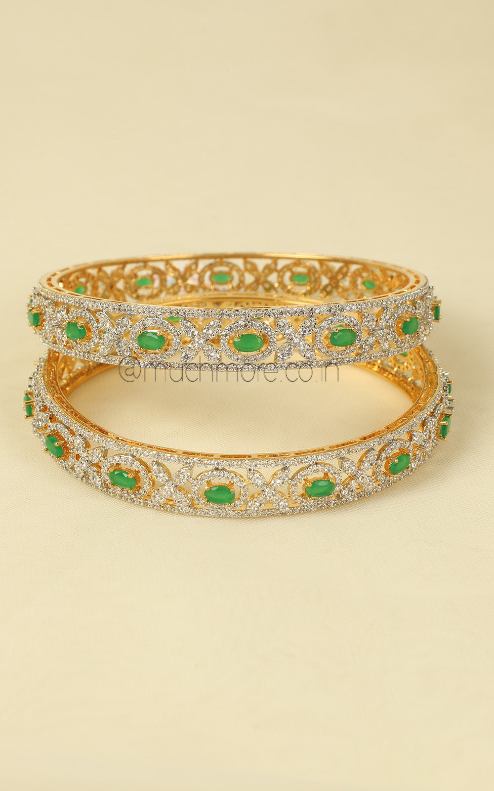 Gold Polish Emerald Green Bangles In AD For Office Going Women