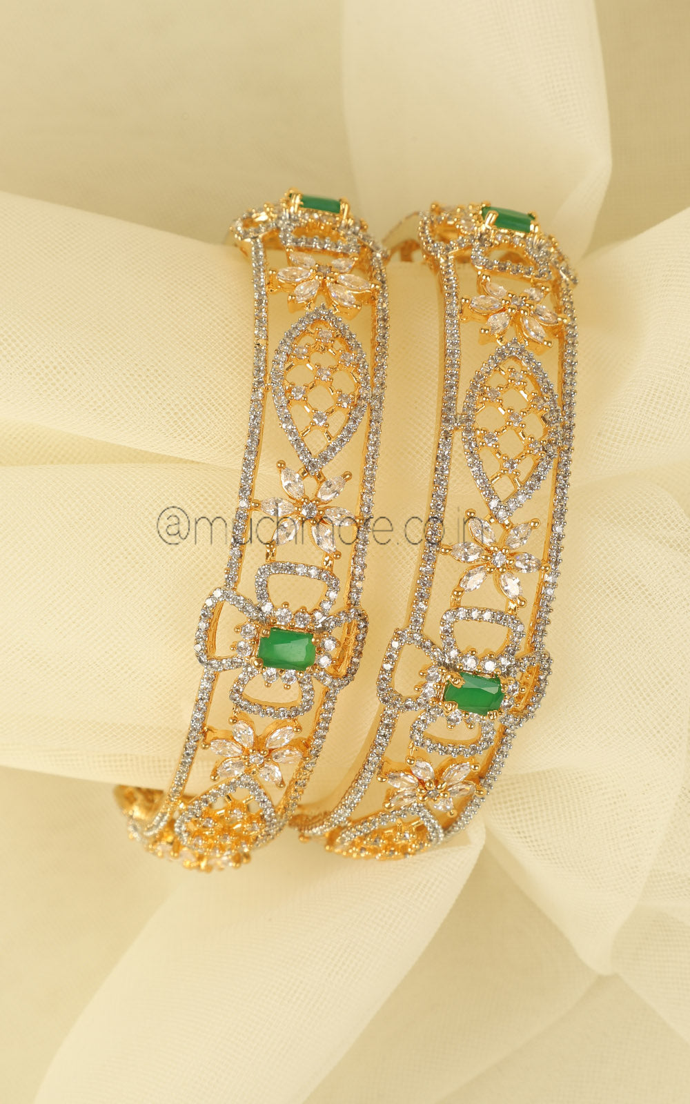 Imitation Diamond Gold Polish Emerald Green Bangles