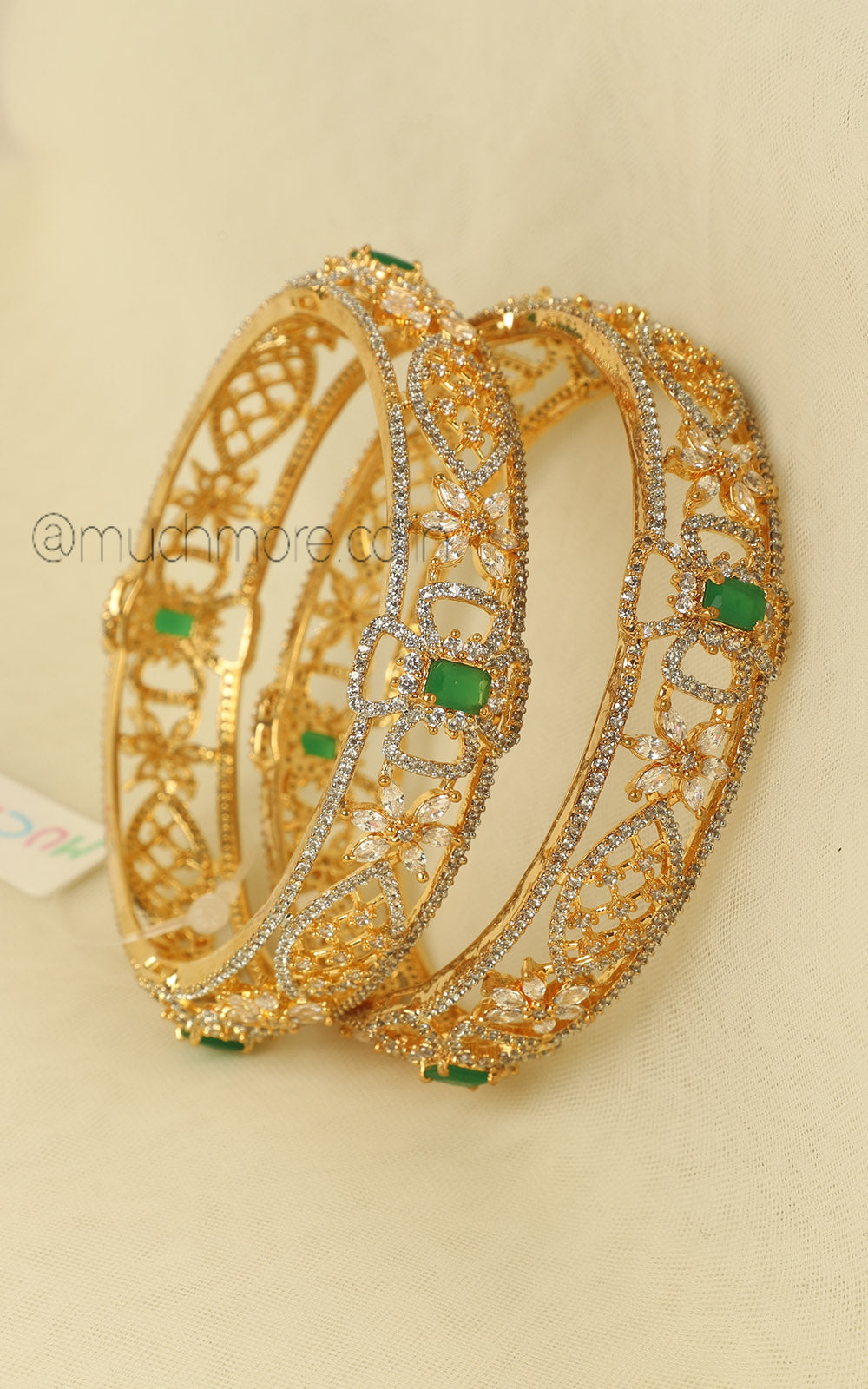Imitation Diamond Gold Polish Emerald Green Bangles