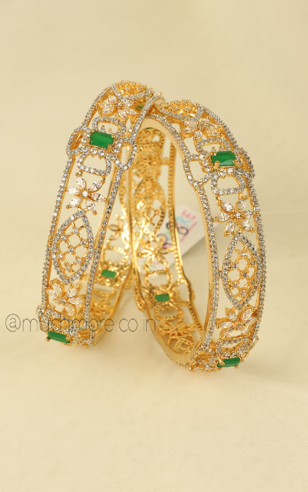 Imitation Diamond Gold Polish Emerald Green Bangles