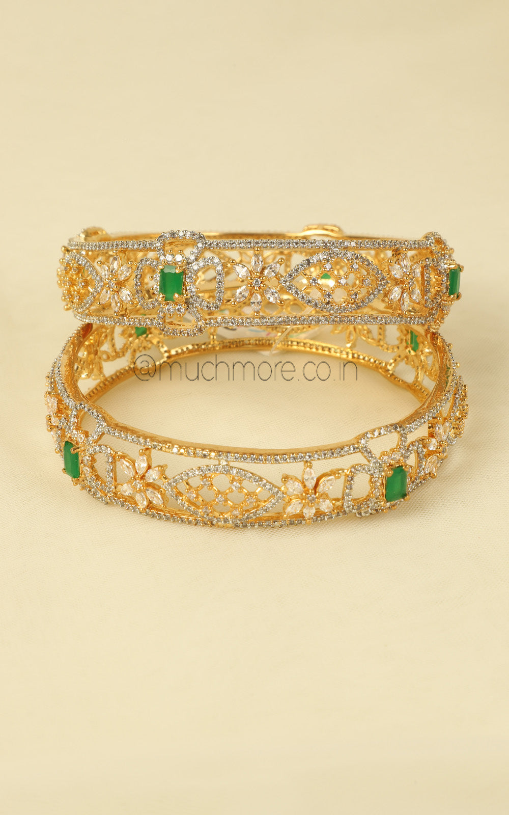 Imitation Diamond Gold Polish Emerald Green Bangles