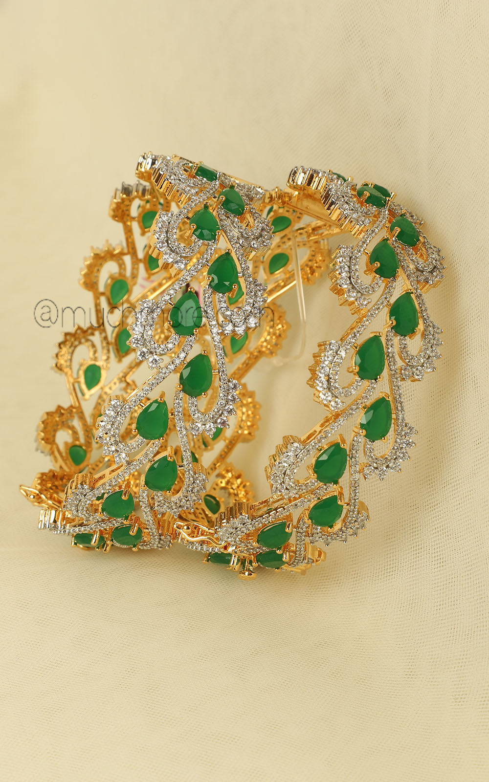 Modern Gold Polish Green Diamond Bangles Side Openable