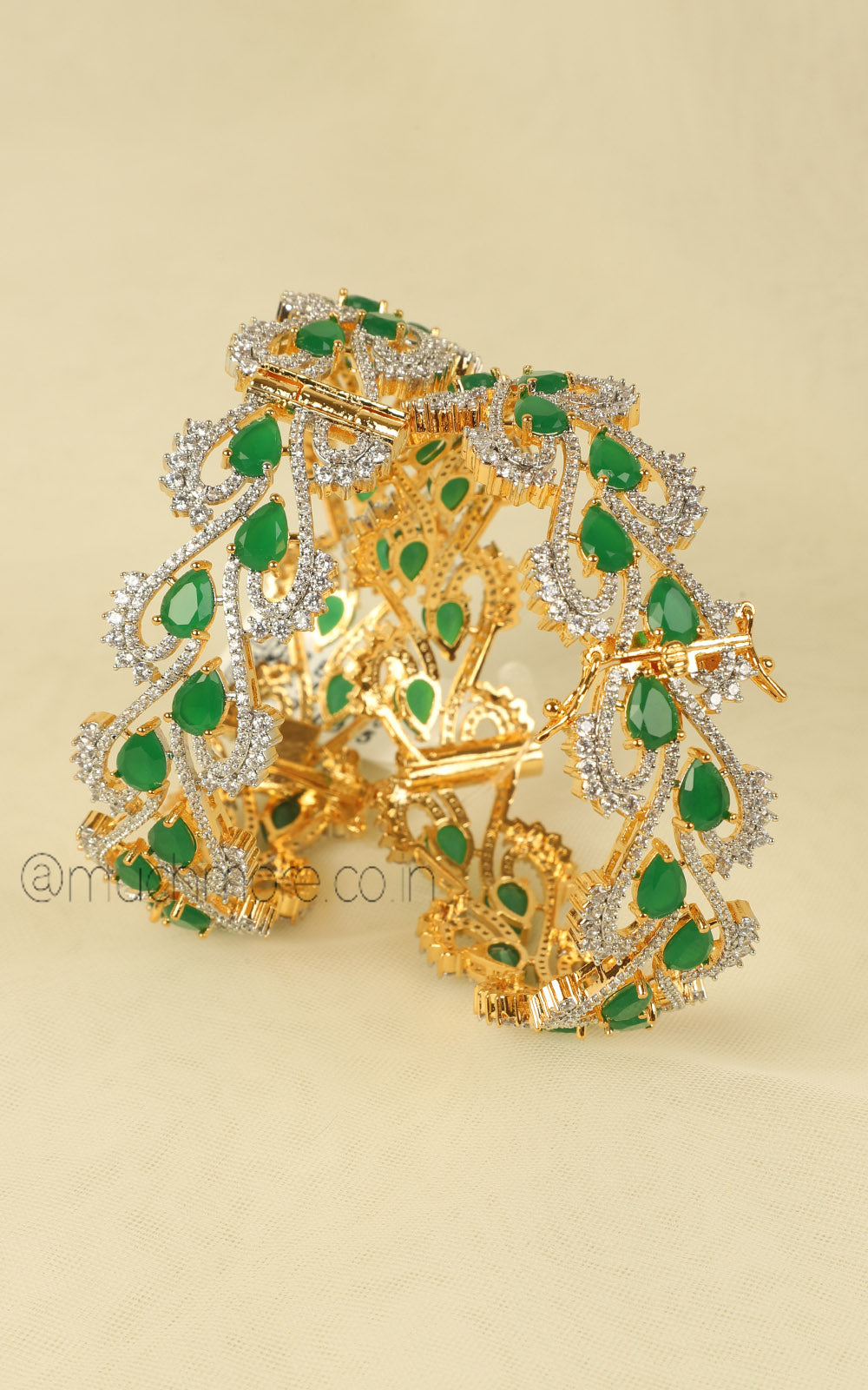 Modern Gold Polish Green Diamond Bangles Side Openable