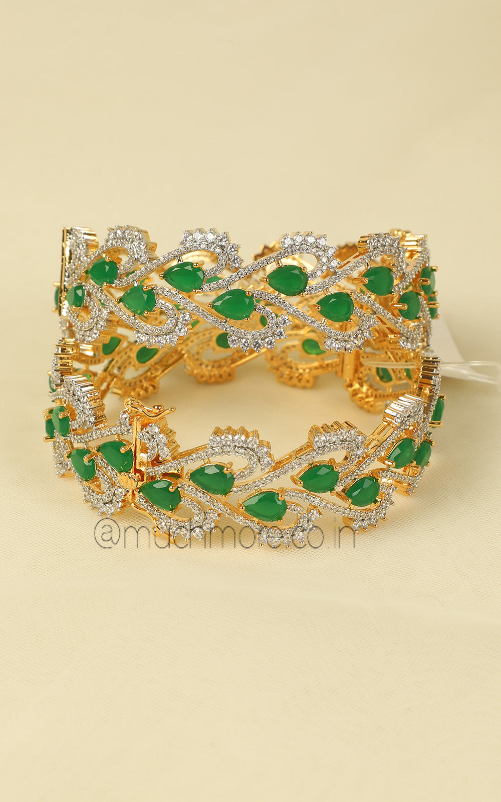 Modern Gold Polish Green Diamond Bangles Side Openable