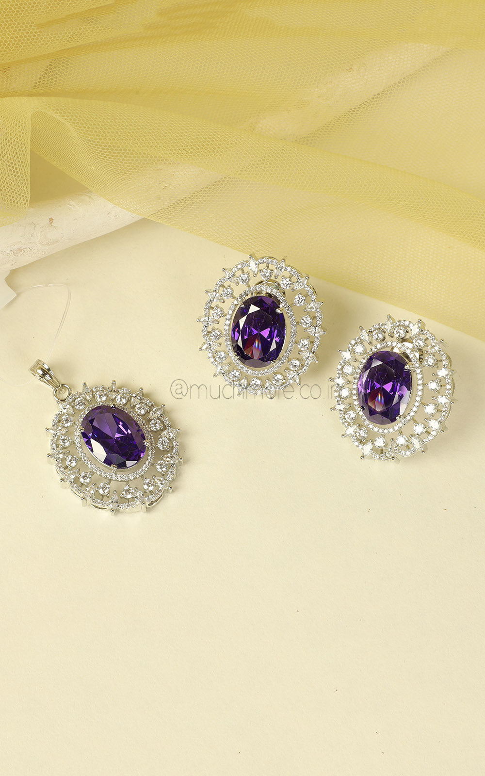 Silver Polish Amethyst Studded Zircon Pendant Set