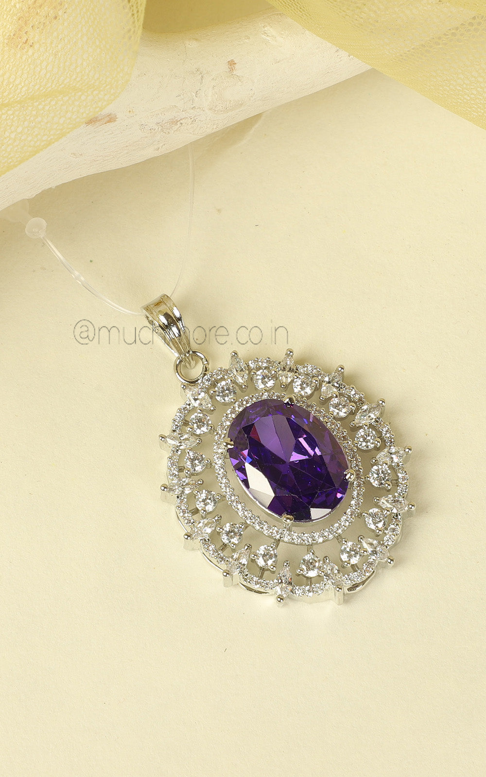 Silver Polish Amethyst Studded Zircon Pendant Set
