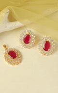 Gold Polish Oval Ruby Studded Zircon Pendant Set