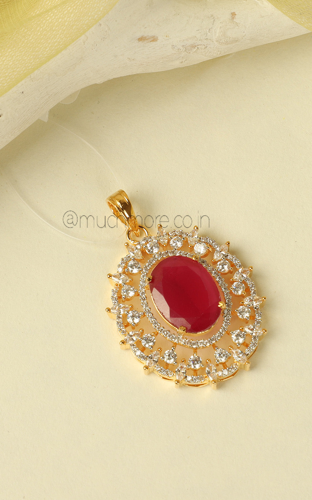 Gold Polish Oval Ruby Studded Zircon Pendant Set