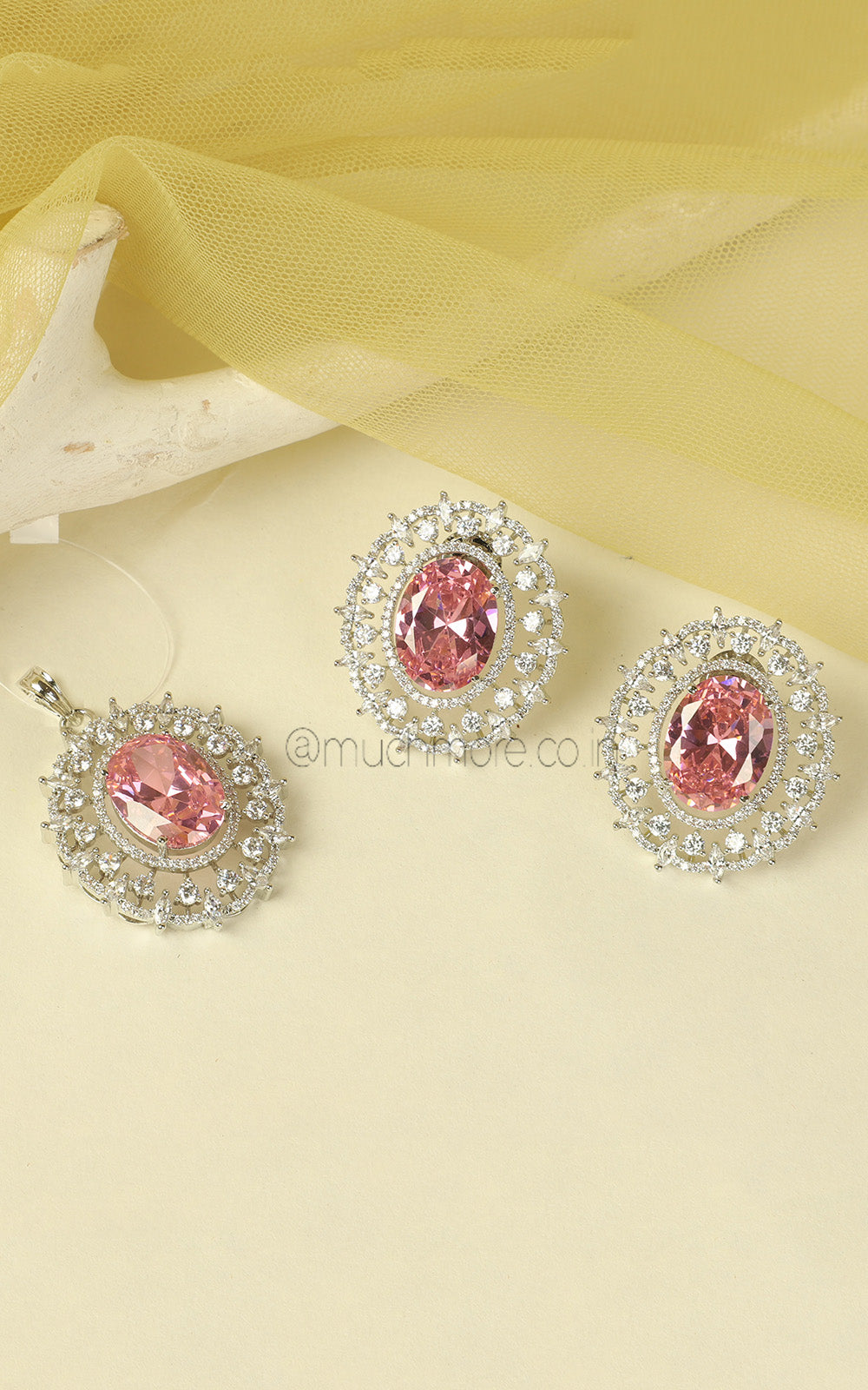 Pendant Set Silver Polish Oval Pinkish Studded Zircon
