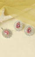 Pendant Set Silver Polish Oval Pinkish Studded Zircon