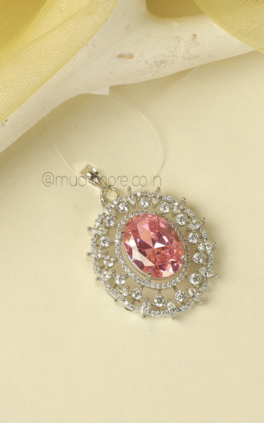 Pendant Set Silver Polish Oval Pinkish Studded Zircon