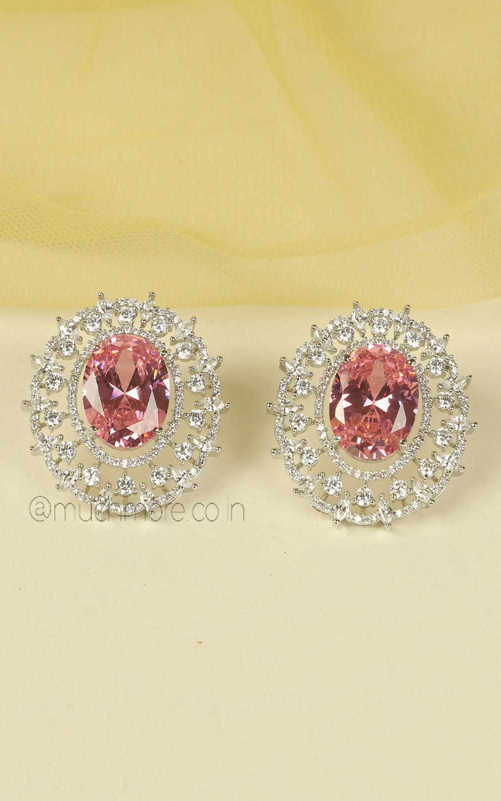 Pendant Set Silver Polish Oval Pinkish Studded Zircon