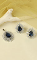 Tear Drop Shaped Sapphire Blue Silver Polish Pendant In AD