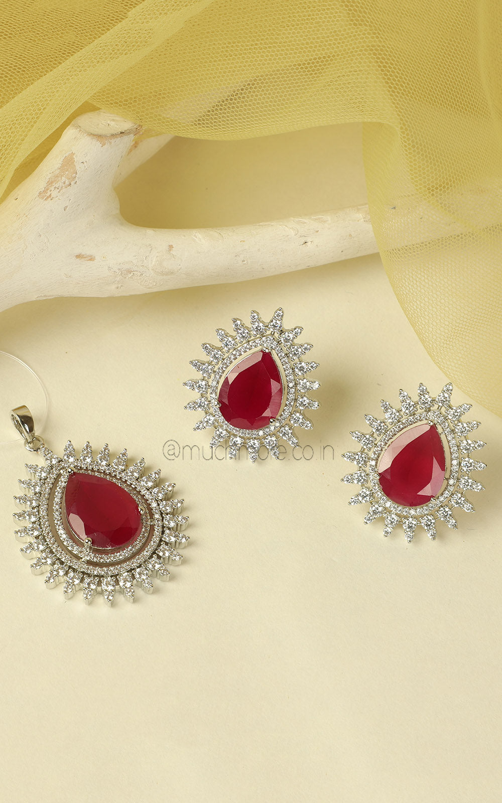 Tear Drop Shaped Sapphire Ruby Silver Polish Pendant In AD