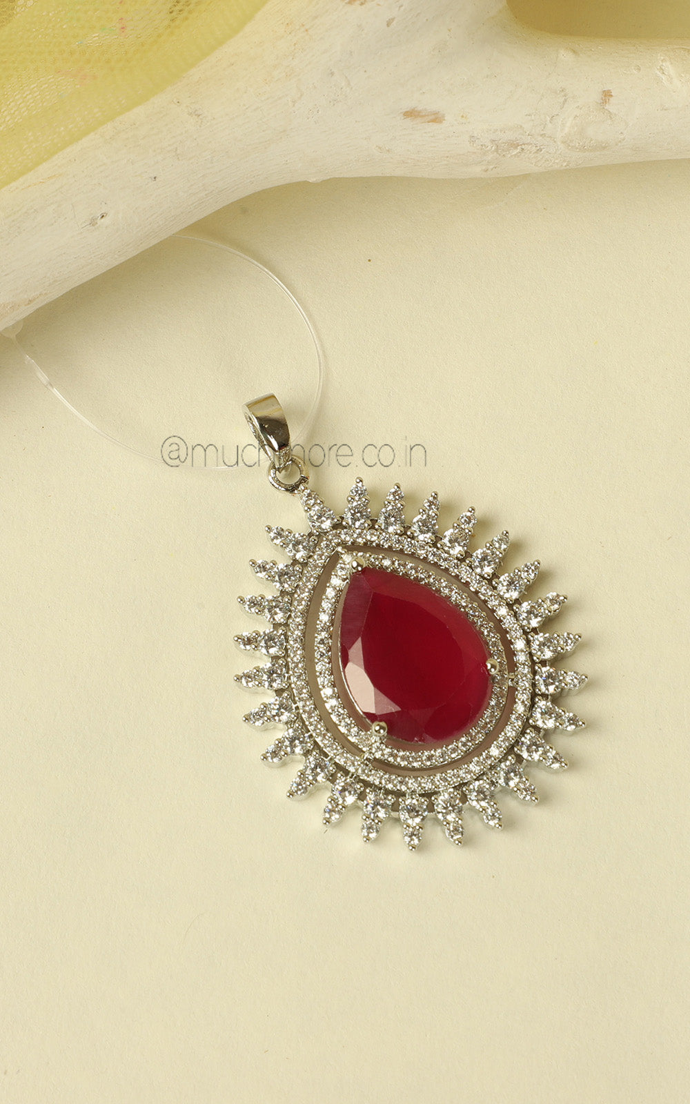 Tear Drop Shaped Sapphire Ruby Silver Polish Pendant In AD