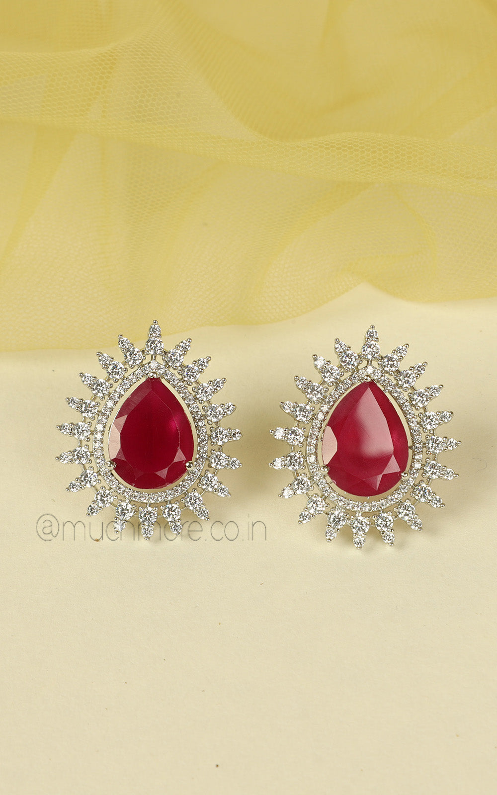 Tear Drop Shaped Sapphire Ruby Silver Polish Pendant In AD