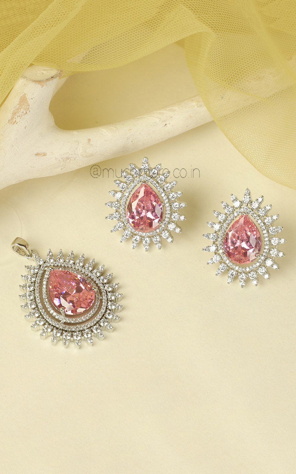 Tear Drop Shaped Sapphire Pink Silver Polish Pendant In AD