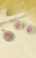 Tear Drop Shaped Sapphire Pink Silver Polish Pendant In AD