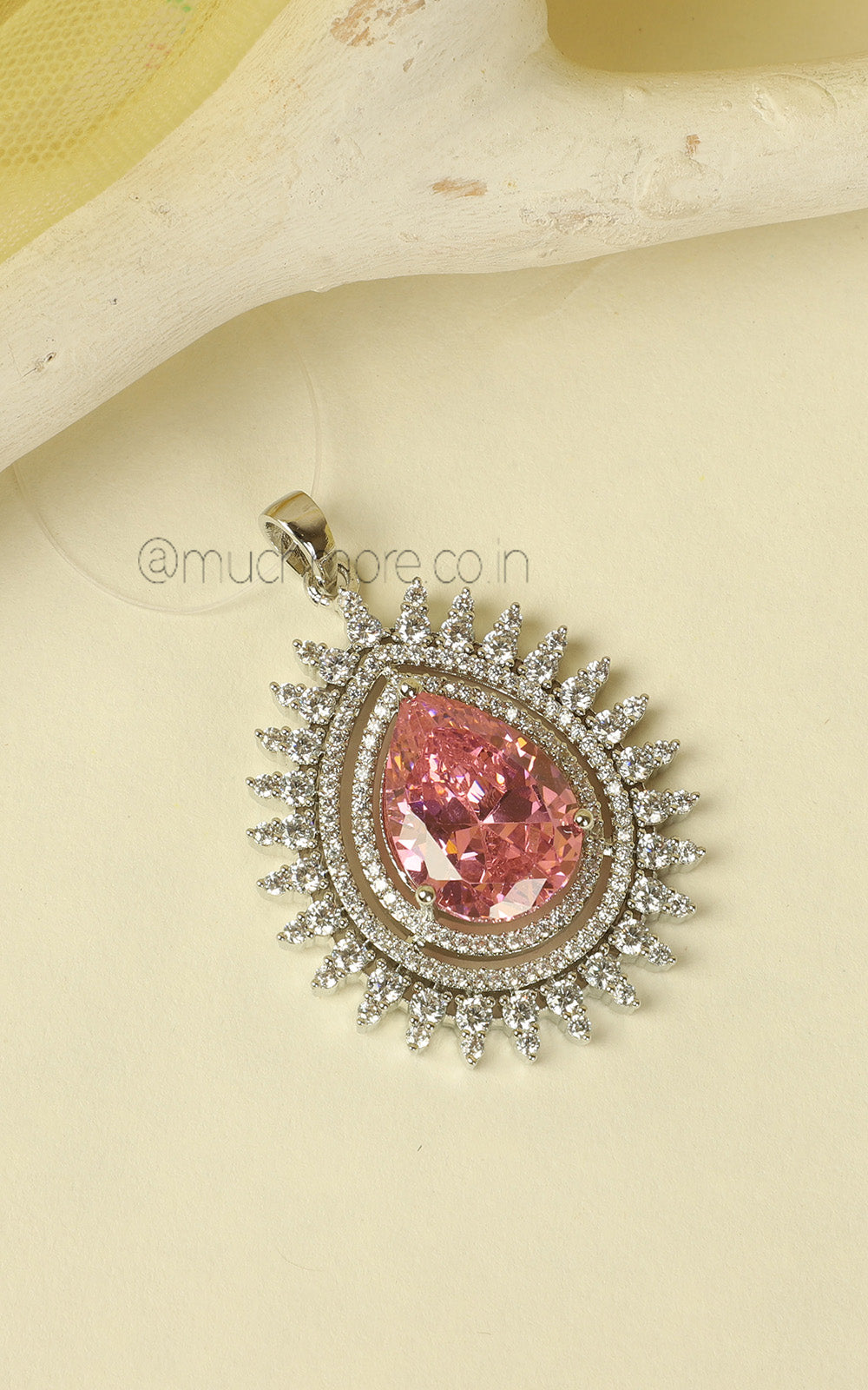 Tear Drop Shaped Sapphire Pink Silver Polish Pendant In AD