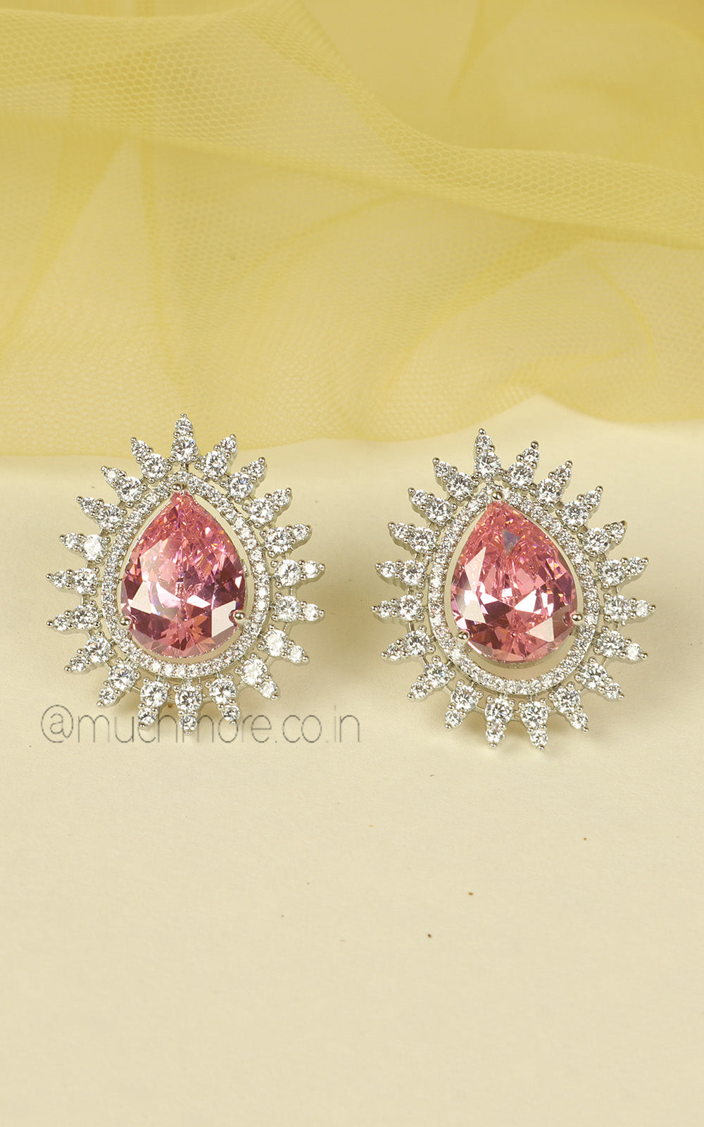 Tear Drop Shaped Sapphire Pink Silver Polish Pendant In AD