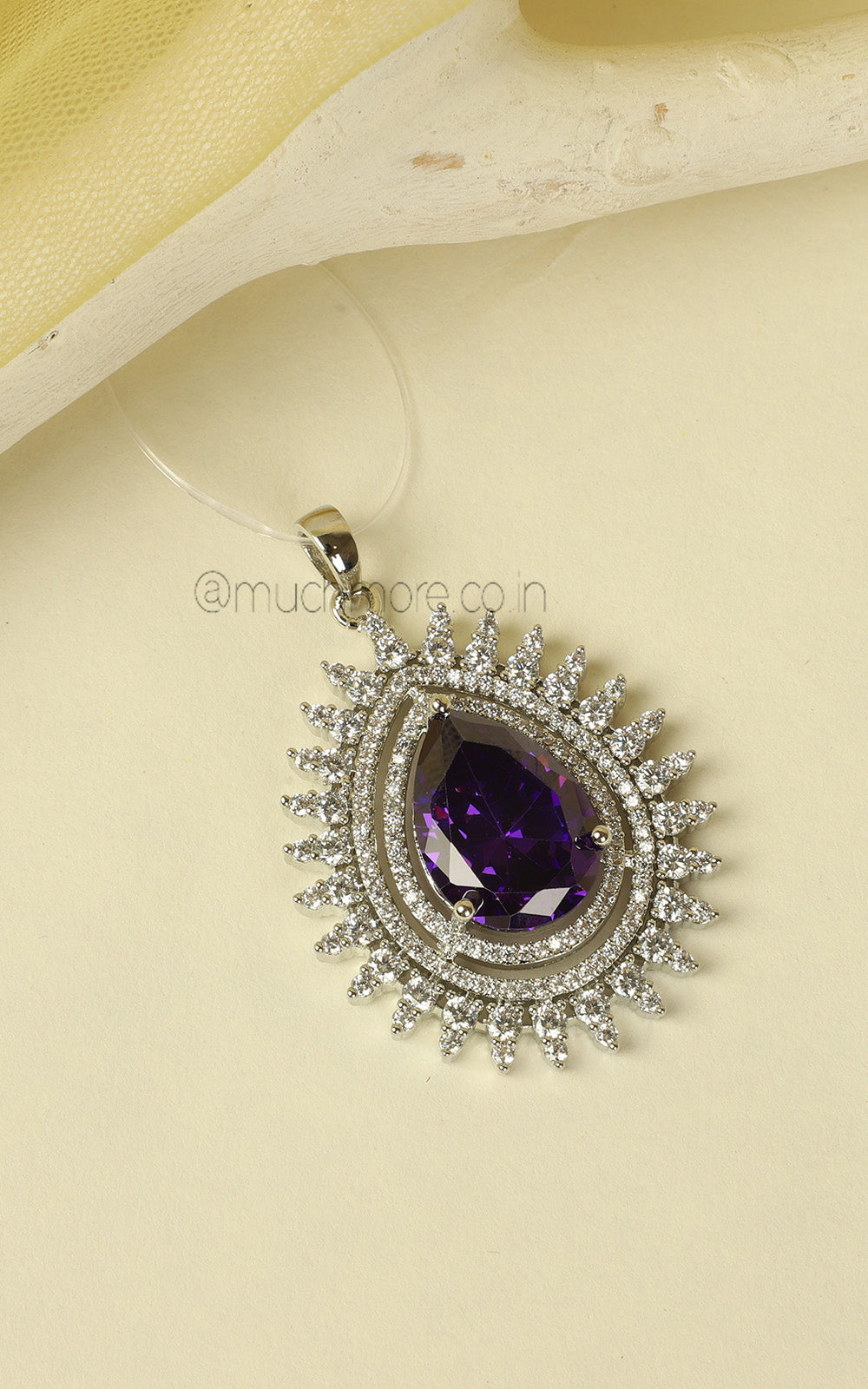 Tear Drop Shaped Amethyst Silver Polish Pendant In AD