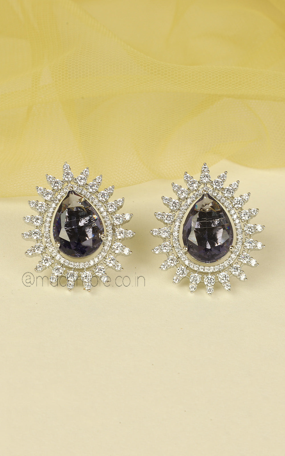 Tear Drop Shaped Amethyst Silver Polish Pendant In AD