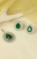 Drop Shaped Emerald Green Silver Touch Diamond Pendant Set