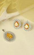 Drop Shaped Yellow Topaz Silver Touch Diamond Pendant Set
