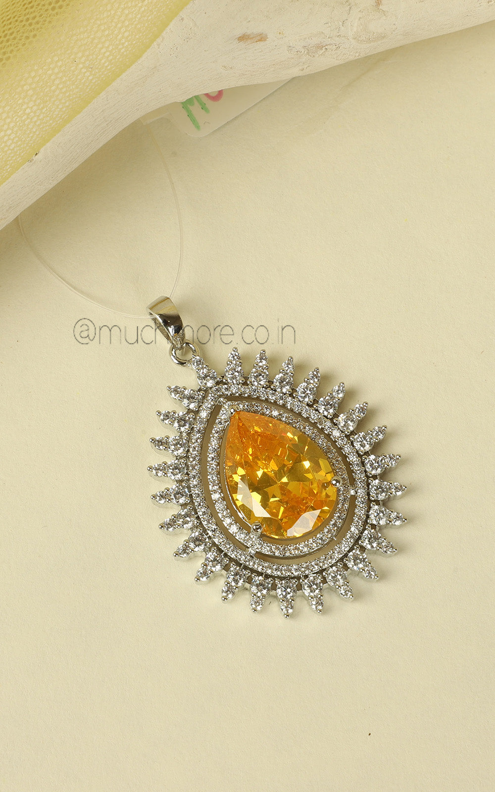 Drop Shaped Yellow Topaz Silver Touch Diamond Pendant Set