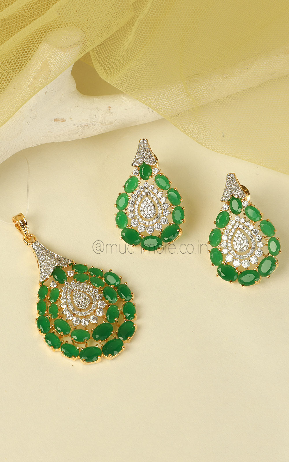 Buy Online Emerald Green Gold Polish AD Pendant Set