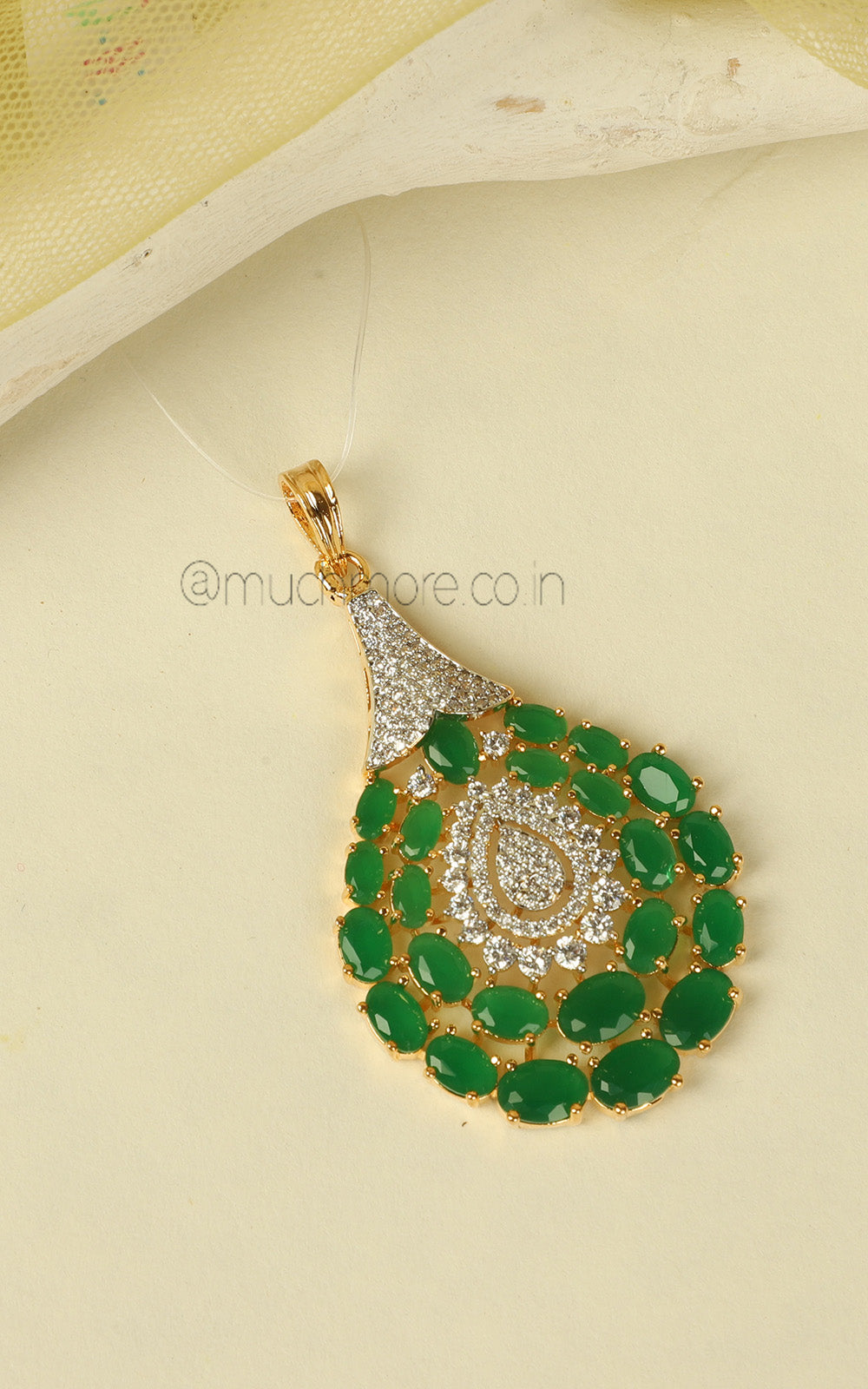 Buy Online Emerald Green Gold Polish AD Pendant Set