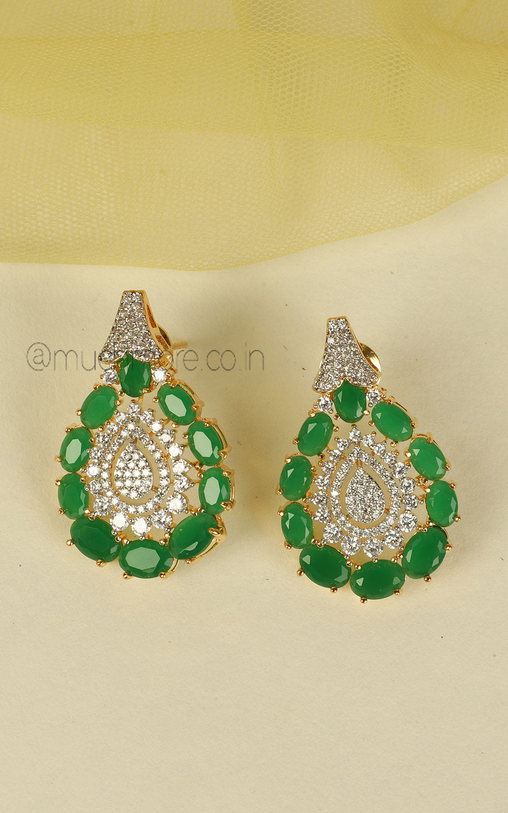 Buy Online Emerald Green Gold Polish AD Pendant Set