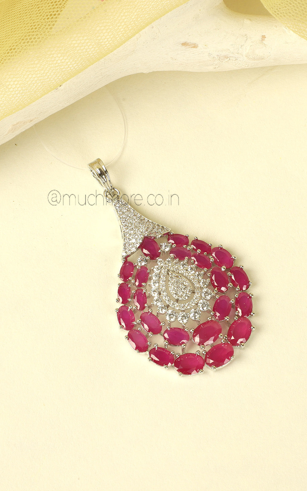 Ruby With Silver Polish Diamond Pendant At Low Price