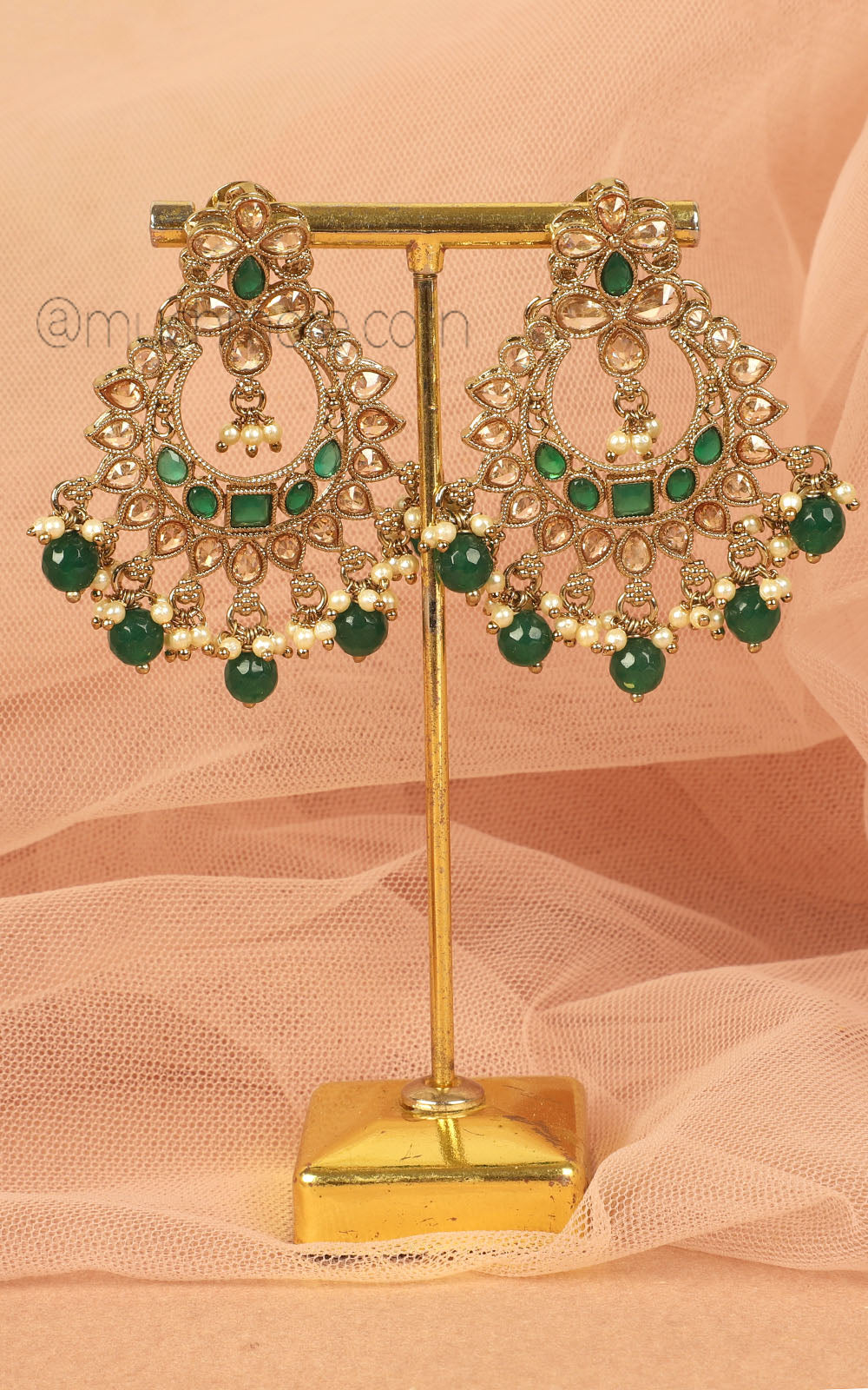 Chandbali Style Emerald Green Earrings In Antique Gold Polish