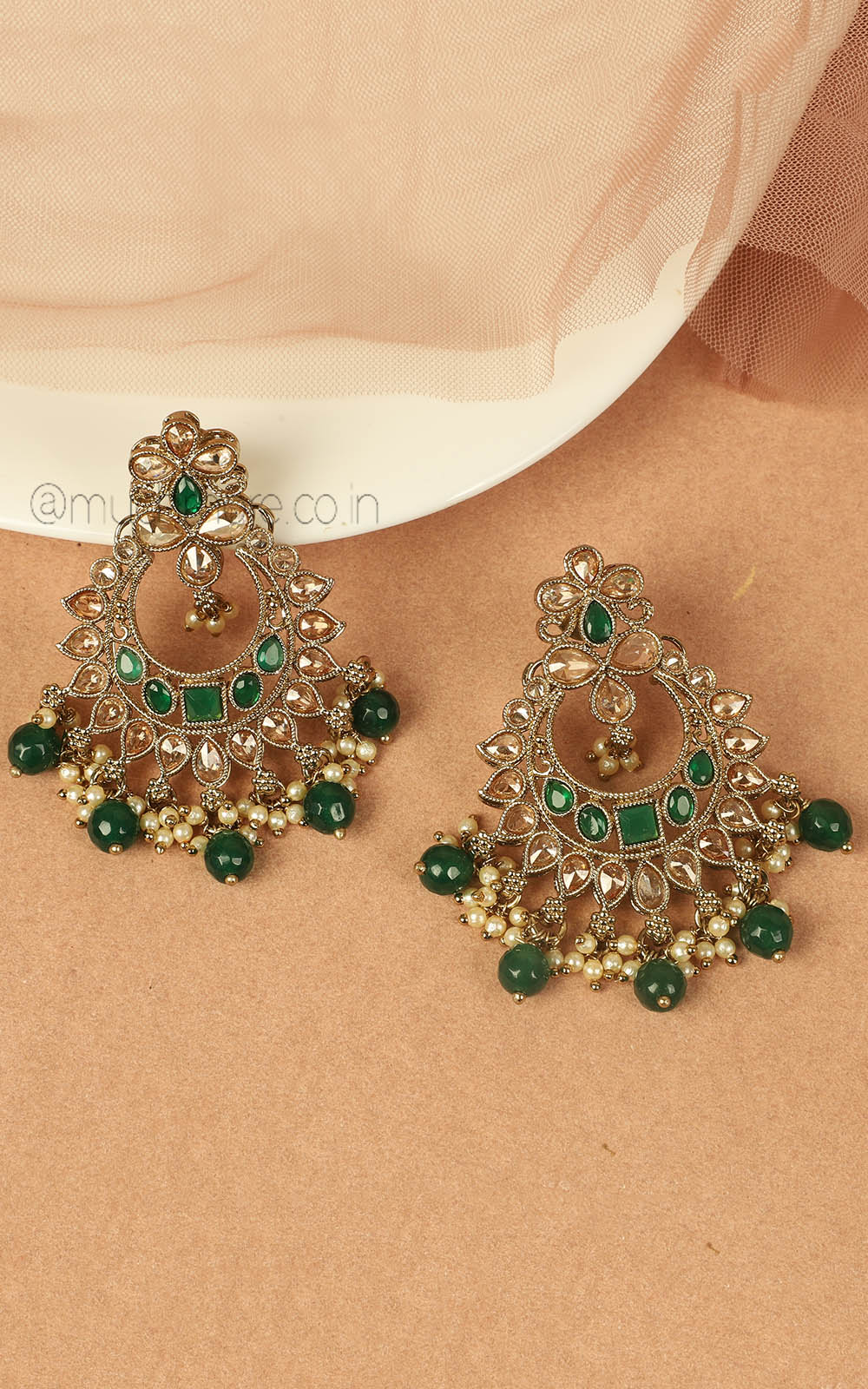 Chandbali Style Emerald Green Earrings In Antique Gold Polish