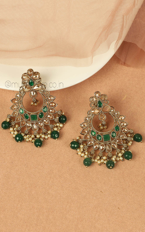 Chandbali Style Emerald Green Earrings In Antique Gold Polish