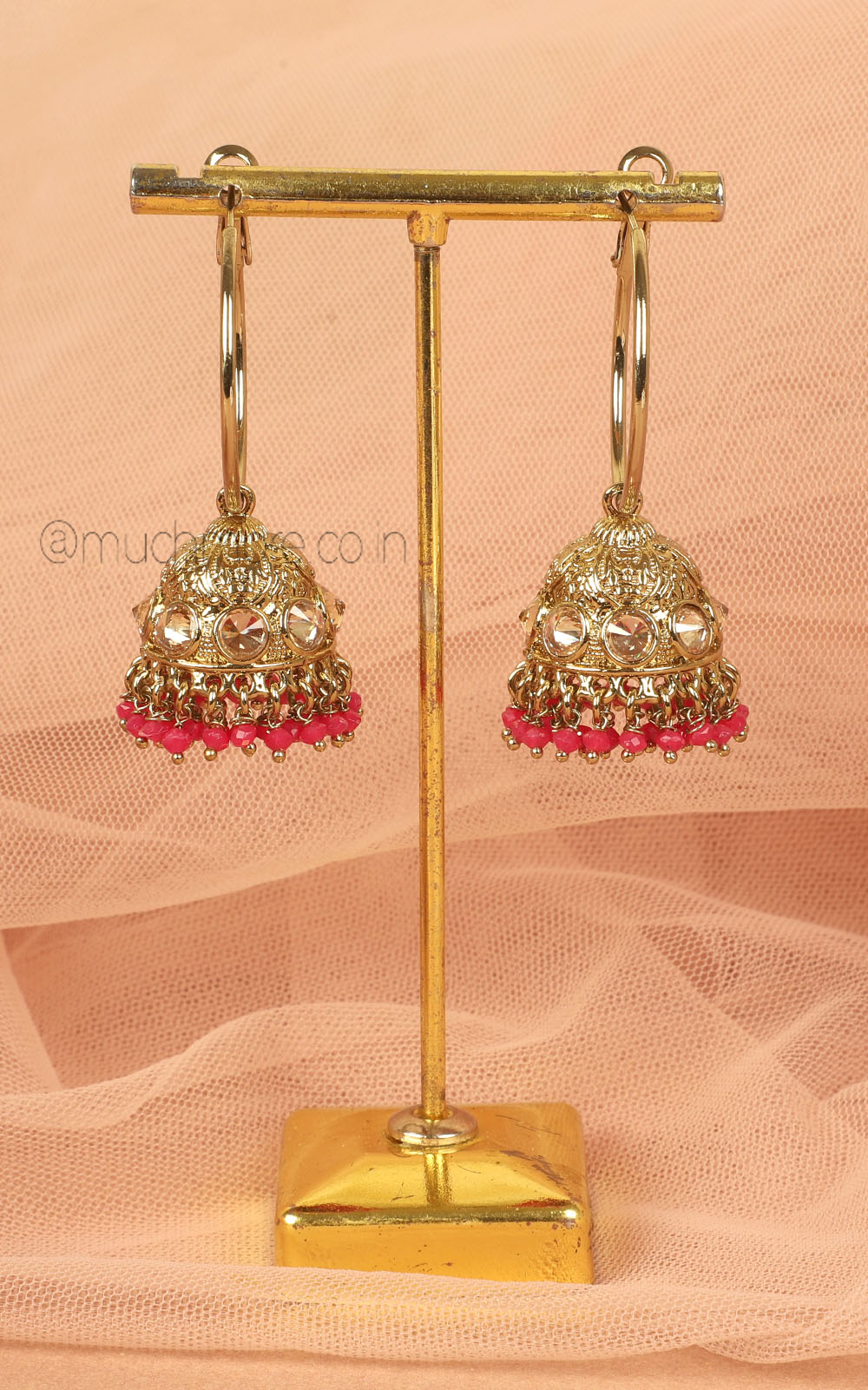 Hoop Style Ruby Hanging Jhumka In Antique Gold Polish