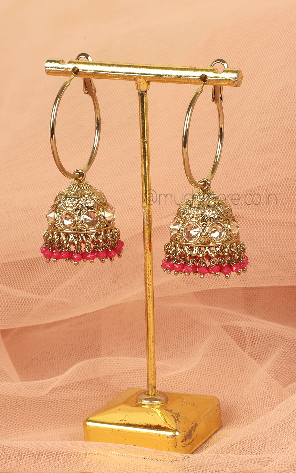 Hoop Style Ruby Hanging Jhumka In Antique Gold Polish